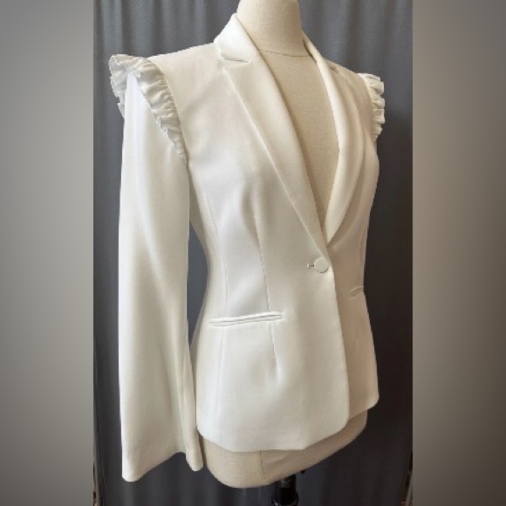 Cinq à Sept Ruffled Shoulder Accent Crepe Blazer